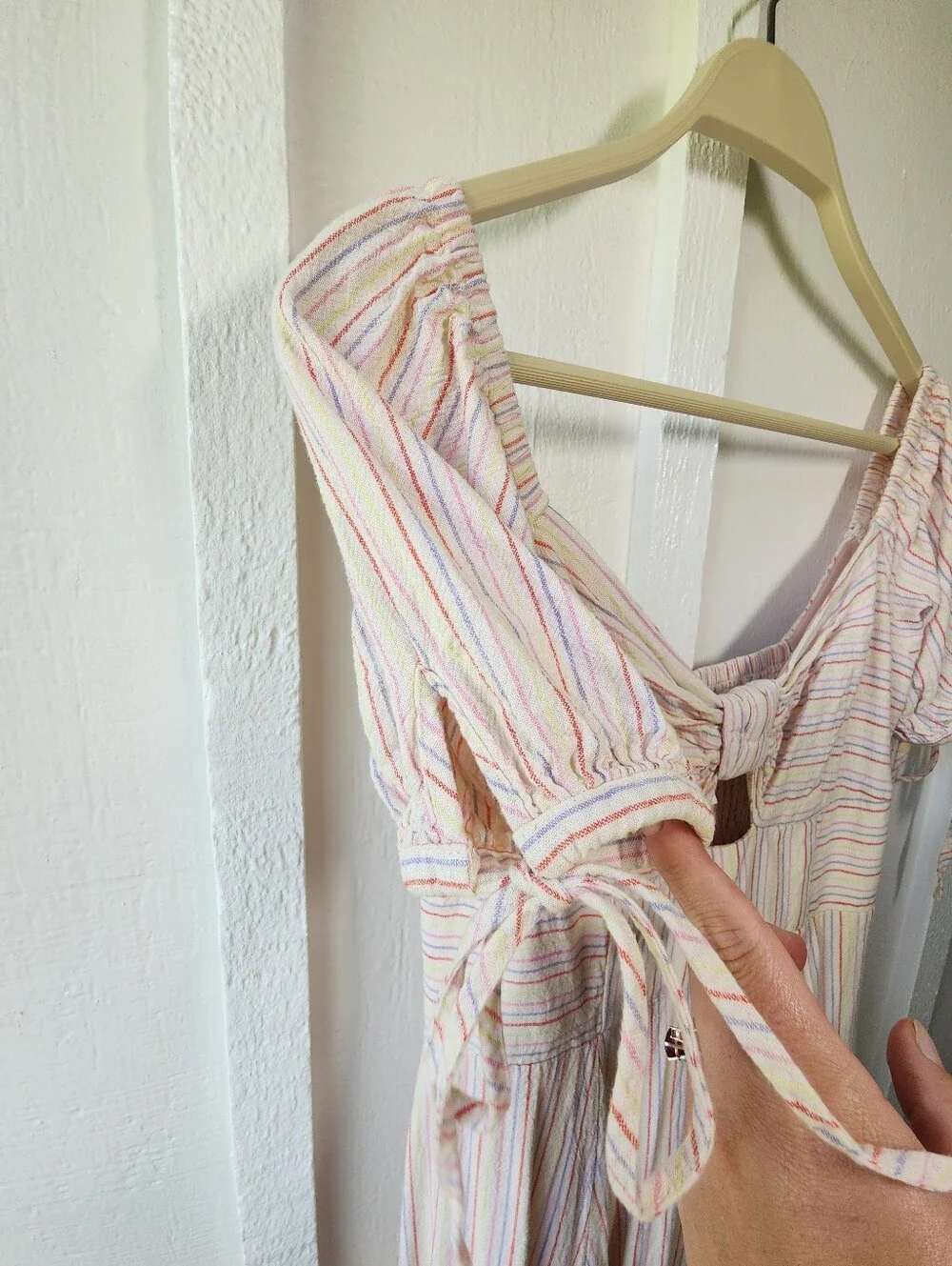 Free People Sunshine Eyes Linen Midi Dress Cream Stripe Puff-Sleeve Size XS